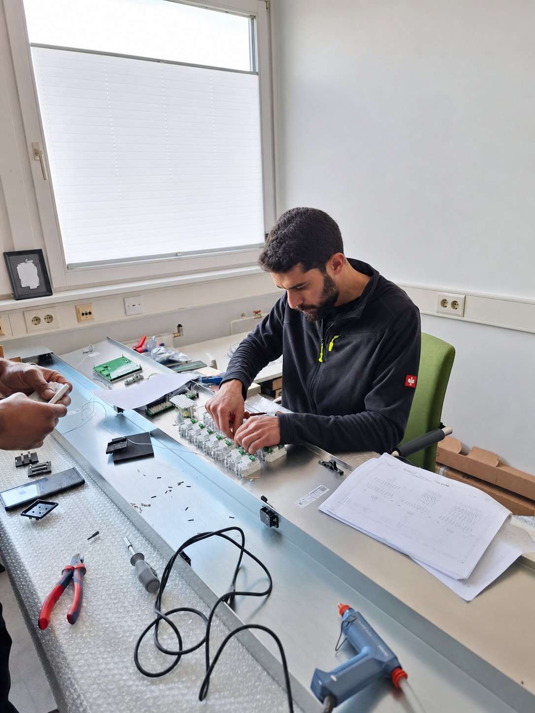 AMS Techniker bereitet elektrische Komponenten für eine Aufzugsmodernisierung vor
